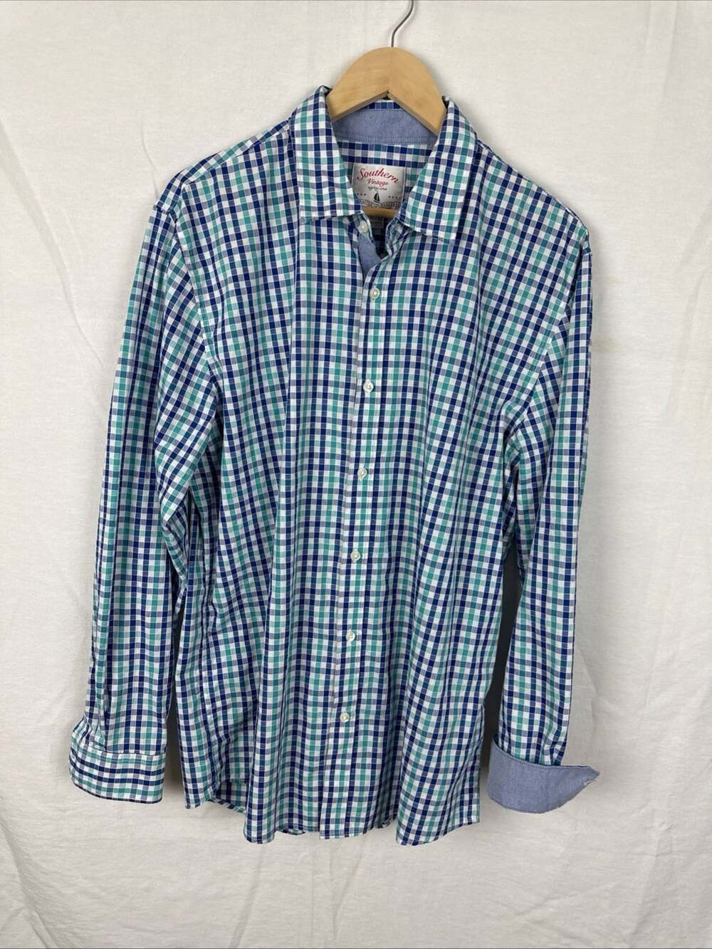 Southern Vintage Long Sleeve Plaid Shirt Size XL/XG Blue Green Gingham